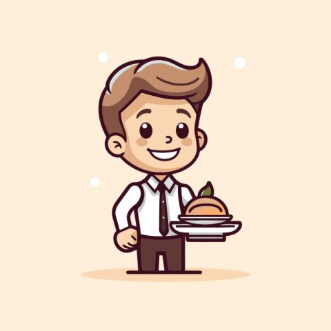 Cute waiter holding a plate with a cake. Vector illustration.