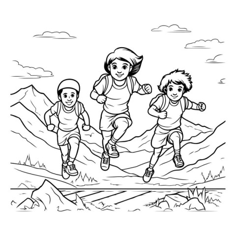 Children jogging in the mountains. Black and white vector illust