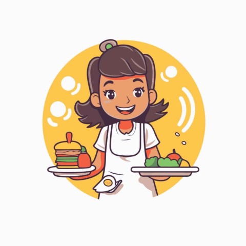 Cute little girl chef with a plate of food. Vector illustration