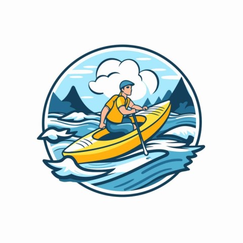 Vector illustration of a man kayaking on a mountain river viewed