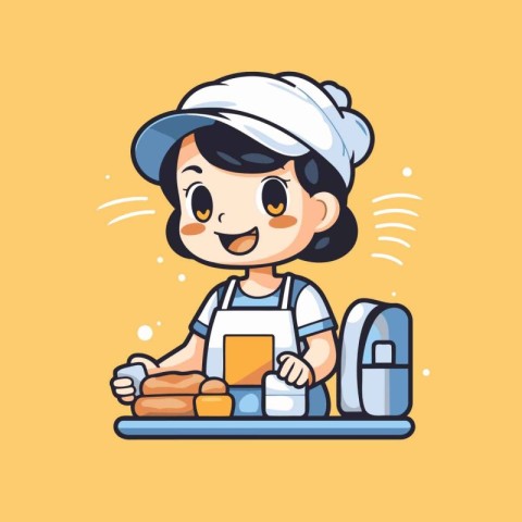 Cute cartoon baker girl in uniform and hat baking bread. Vector