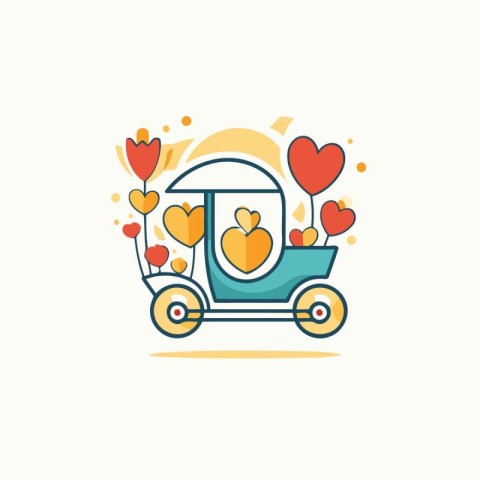 Cute retro toy car with hearts and balloons. Vector illustration