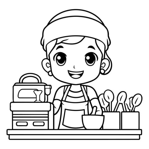 cute little chef with utensils cartoon vector illustration graph