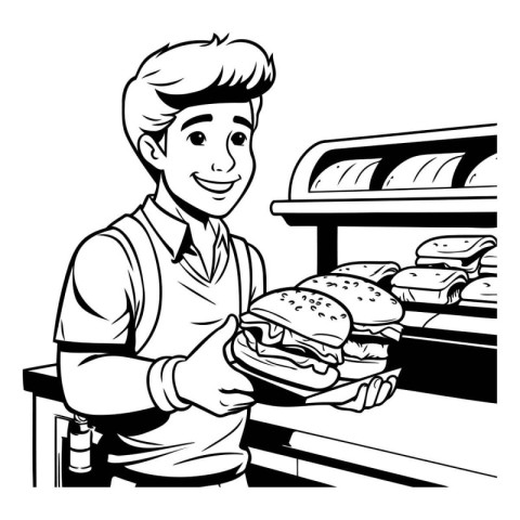 Handsome man holding a hamburger. Vector illustration in black a