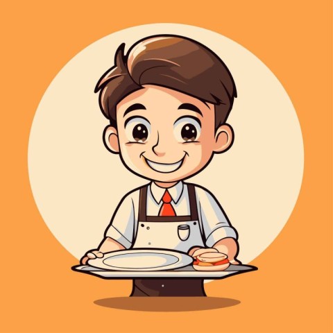 Vector illustration of a happy boy holding a plate full of food.