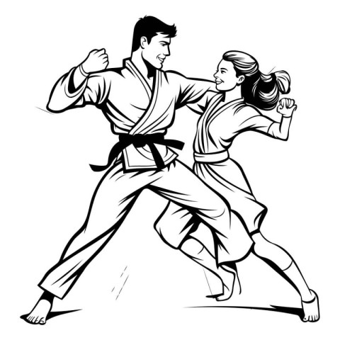 karate girl and boy - black and white vector illustration of mar