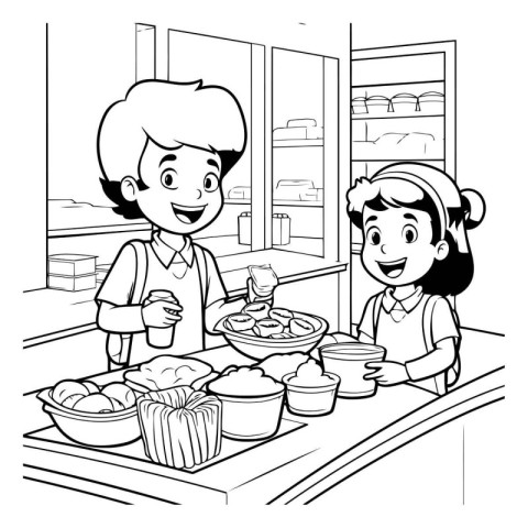 Boy and girl cooking in the kitchen. black and white vector illu