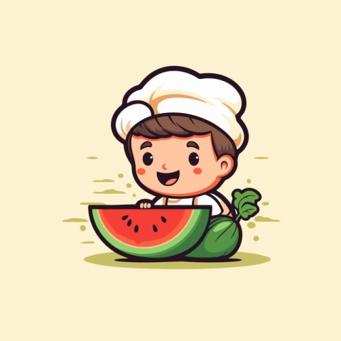 Cute little chef boy with watermelon. Vector cartoon illustratio