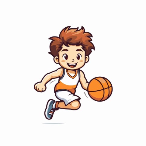 Cute boy playing basketball cartoon vector Illustration. Ideal f