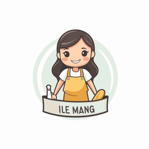 Cute little chef girl in apron with a sign. Vector illustration