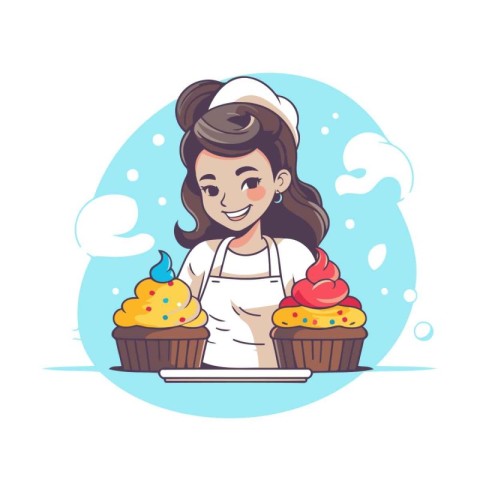 Cute girl chef with cupcakes. Vector illustration in cartoon sty