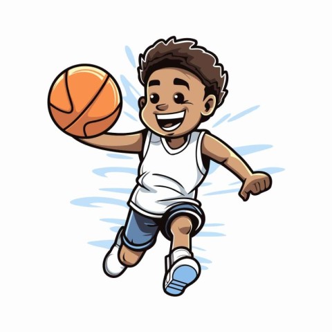 Illustration of a basketball player jumping with a ball on a whi