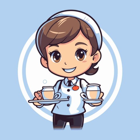 Cute little waitress holding tray of coffee. Vector cartoon illu