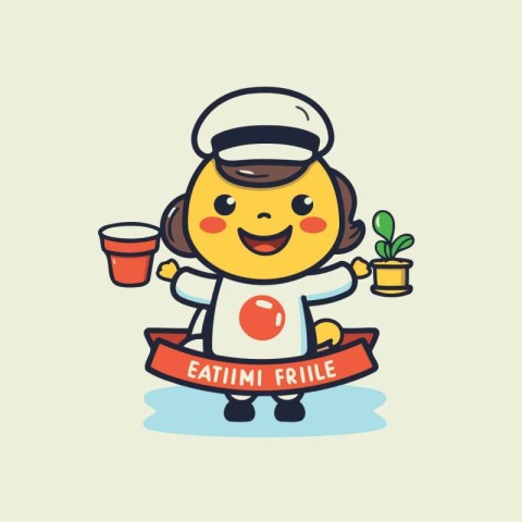 Illustration of a cute cartoon chef holding a cup of coffee.