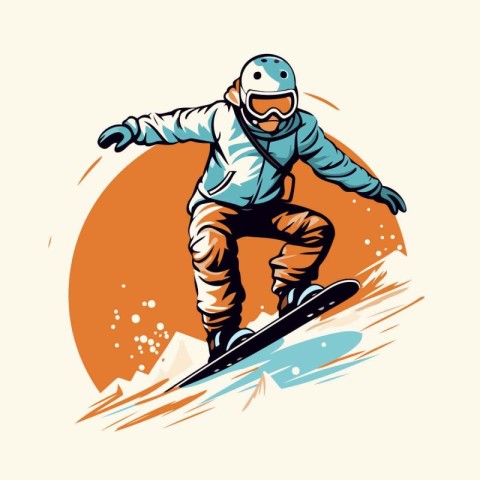 Snowboarder jumping in the mountains. Vector illustration in ret