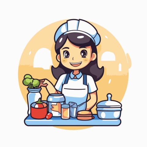 Cute cartoon chef girl cooking in the kitchen. Vector illustrati