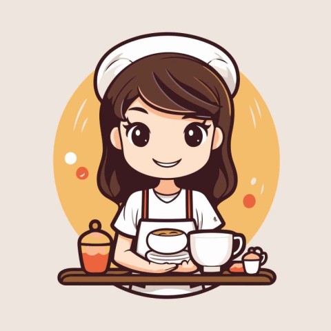 Cute little girl in chef uniform with cup of coffee. Vector illu