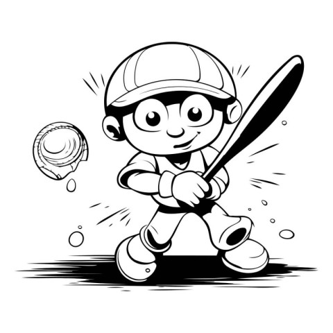 Baseball Player with Bat - Black and White Cartoon Illustration.