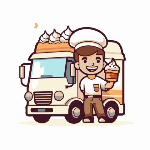 Coffee truck with cute cartoon character. Vector illustration in