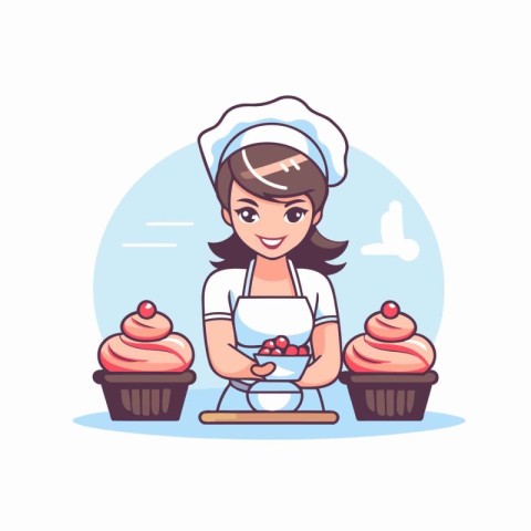 Cute chef girl with cupcakes. Vector illustration in cartoon sty