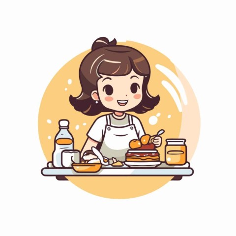 Cute little girl cooking at home. Vector illustration in cartoon