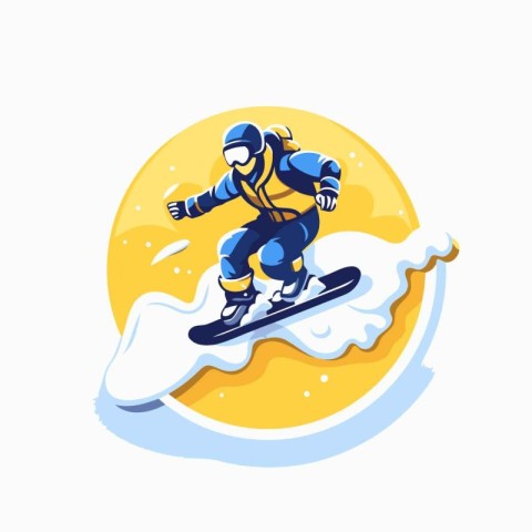 Snowboarder in helmet and goggles riding a snowboard. Vector ill