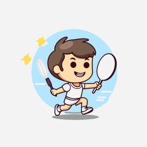 Boy playing badminton with racket and ball cartoon vector illust