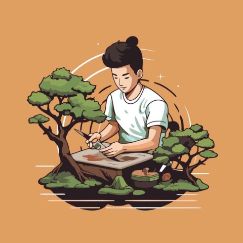 Illustration of a young Asian woman cooking at the garden. Vecto