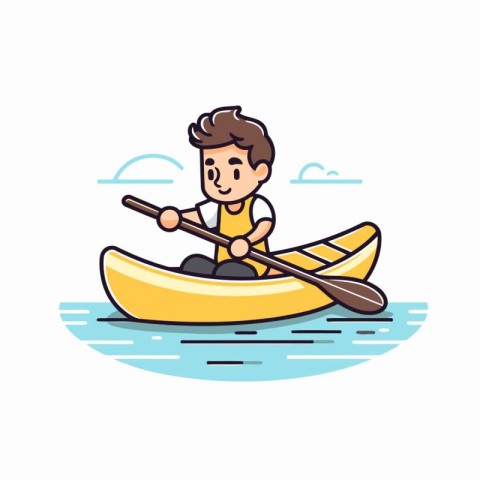 Cute little boy in a kayak on the sea. Vector illustration