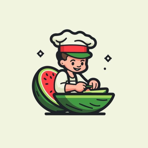 Cartoon vector illustration of a boy chef in a cap and apron eat