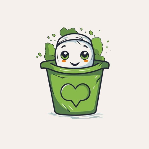 Cute cartoon green trash can with smiling face. Vector illustrat