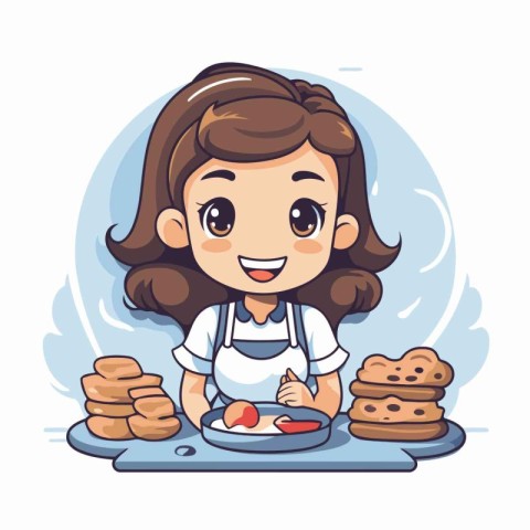 Cute little girl cooking pancakes. Vector illustration in cartoo