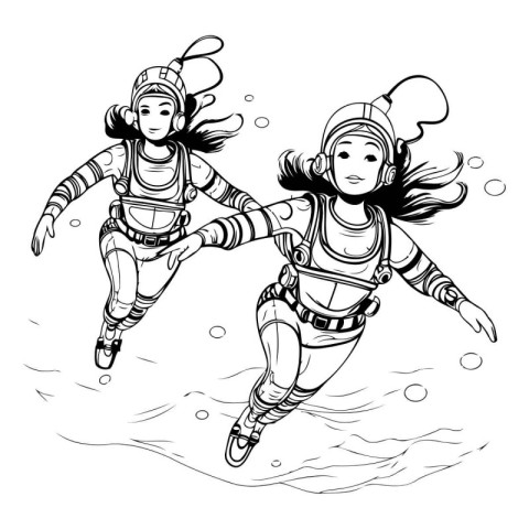 Two girls in skates jumping in water. Black and white vector ill