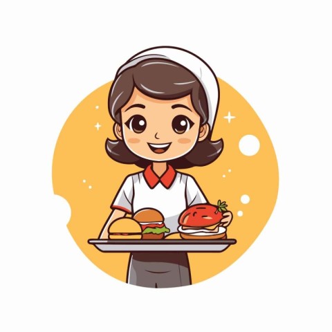 Cute girl chef holding tray with hamburger. Vector illustration.