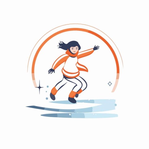 Cheerful girl jumping on ice. Winter sport vector illustration.