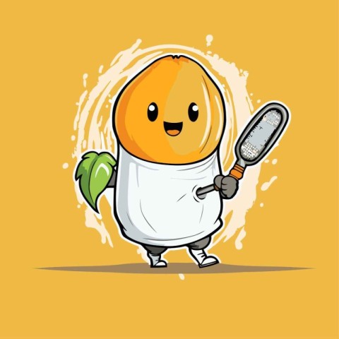 Cute cartoon apricot character holding a comb and a leaf. Vector