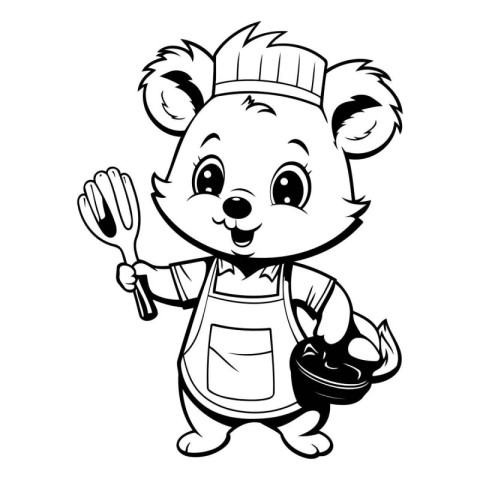 Black and White Cartoon Illustration of Cute Little Bear Chef Ch