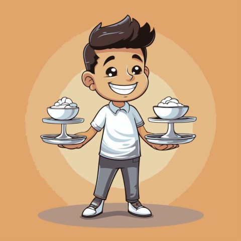 Cute boy holding cupcakes. Vector illustration in cartoon style.