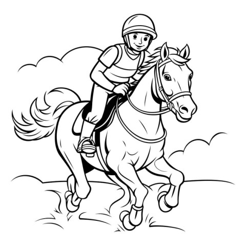 Jockey riding a horse - black and white vector illustration for