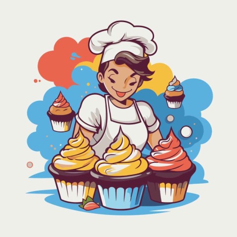 Illustration of a cartoon chef with cupcakes. Vector illustratio