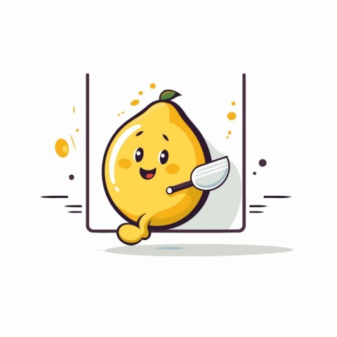 Cute lemon character with a spoon in his hand. Vector illustrati