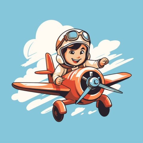 Little boy in aviator helmet flying in airplane. Vector illustra