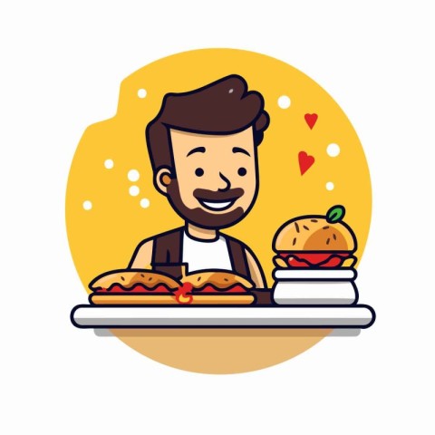 Cheerful man with hamburger and cake. Vector illustration.