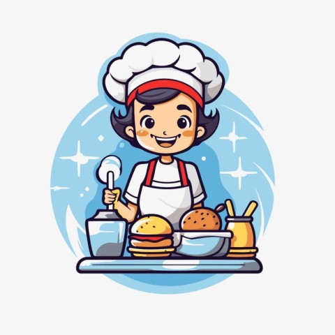 Cute little chef girl cooking hamburger. Vector cartoon illustra