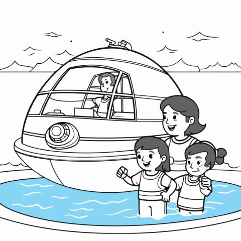 Family travel by boat. Black and white vector illustration for c