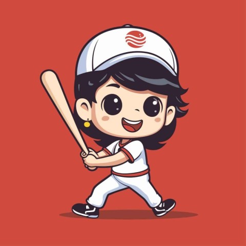 Cute Little Girl Baseball Player Cartoon Mascot Character Illust