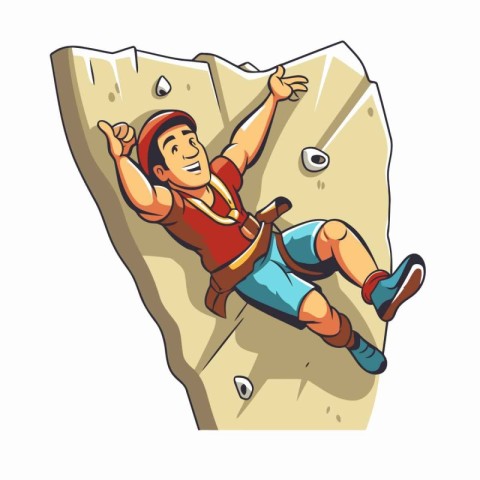 Cartoon rock climber. Vector illustration of a man climbing a cl