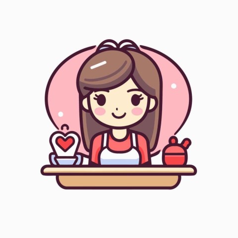 Cute little girl serving tea. Vector illustration in cartoon sty