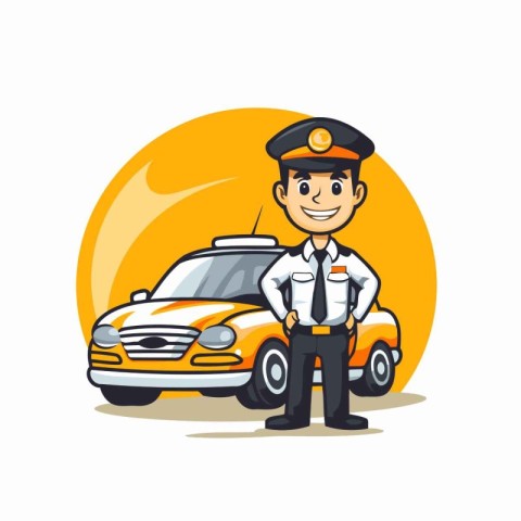 Police officer with yellow car. Vector illustration in flat cart