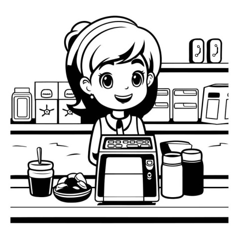 Cute little girl in the kitchen. Black and white vector illustra